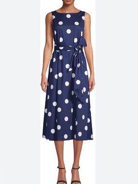 Anne Klein Navy & White Polka Dots womens Cotton Midi Dress With Sash Dress Sz S